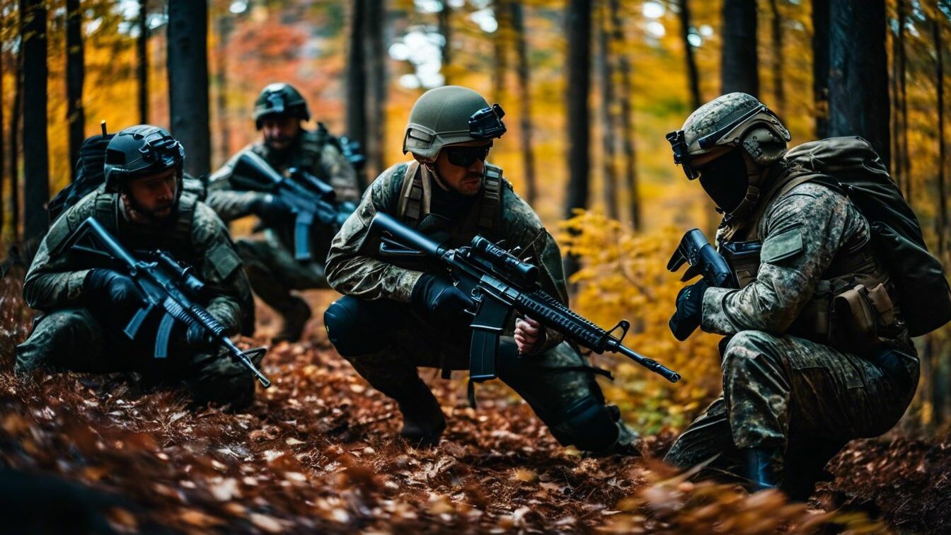 Softair Gruppe im Wald, warten auf das Gefecht und tragen M4 Softair Gewehre