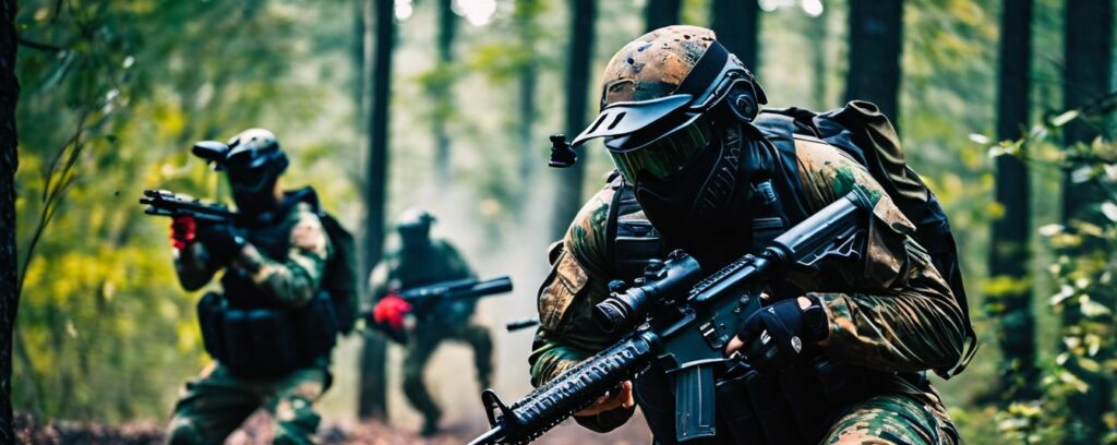 Softair und Paintball Spieler im Wald